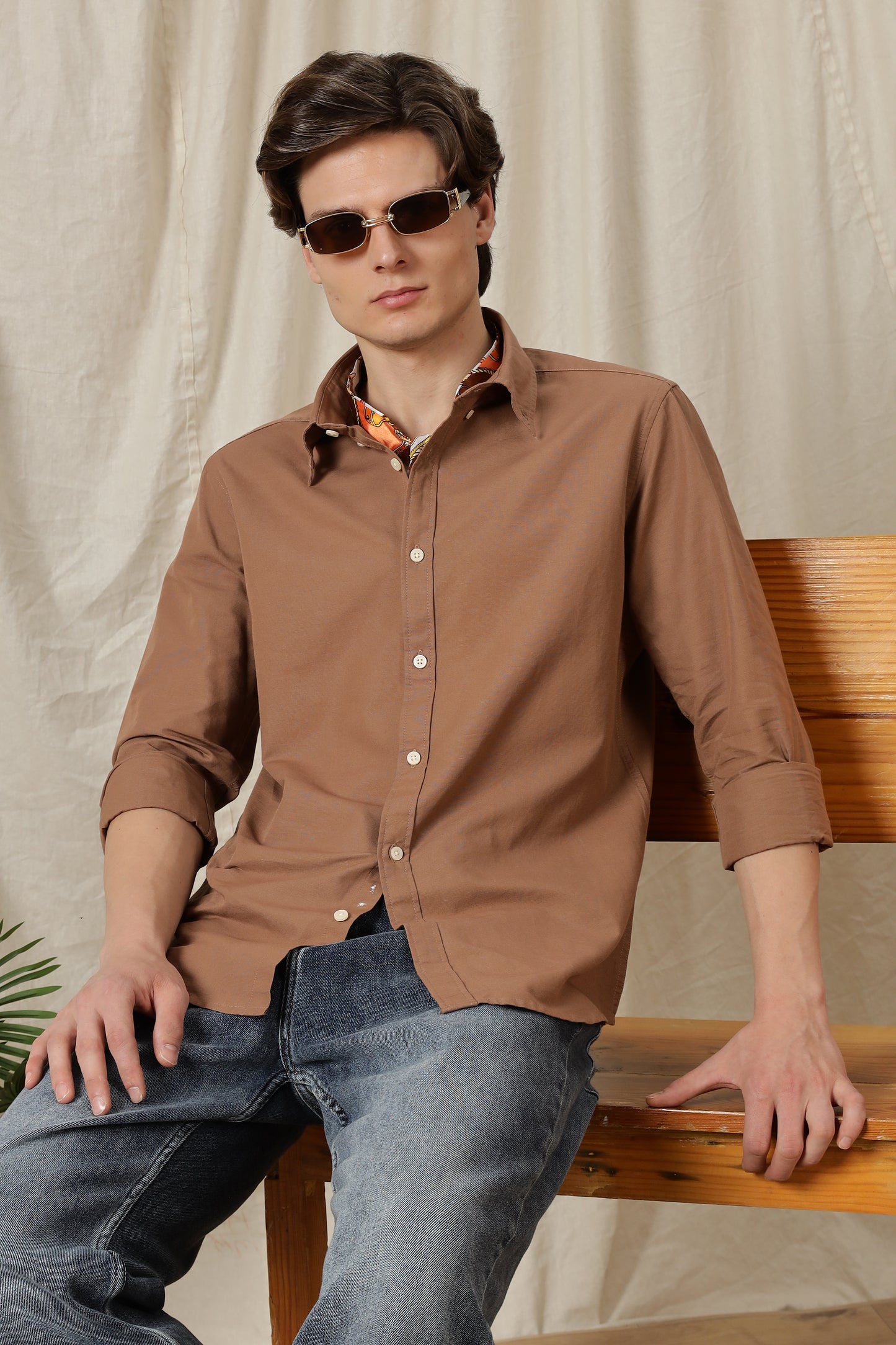 Classic Button-Down Solid Casual Shirt Brown