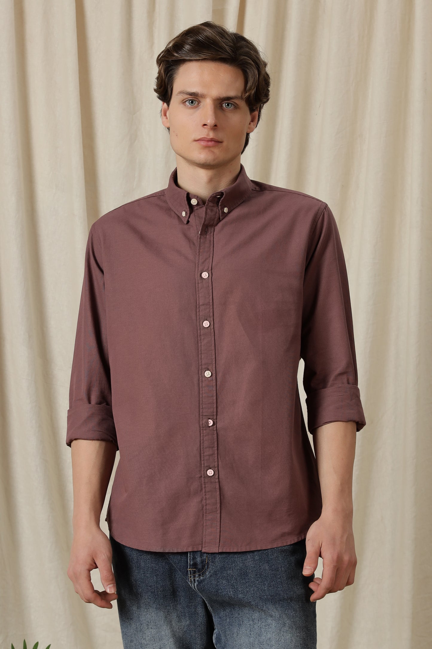Classic Button-Down Solid Casual Shirt Lt Maroon