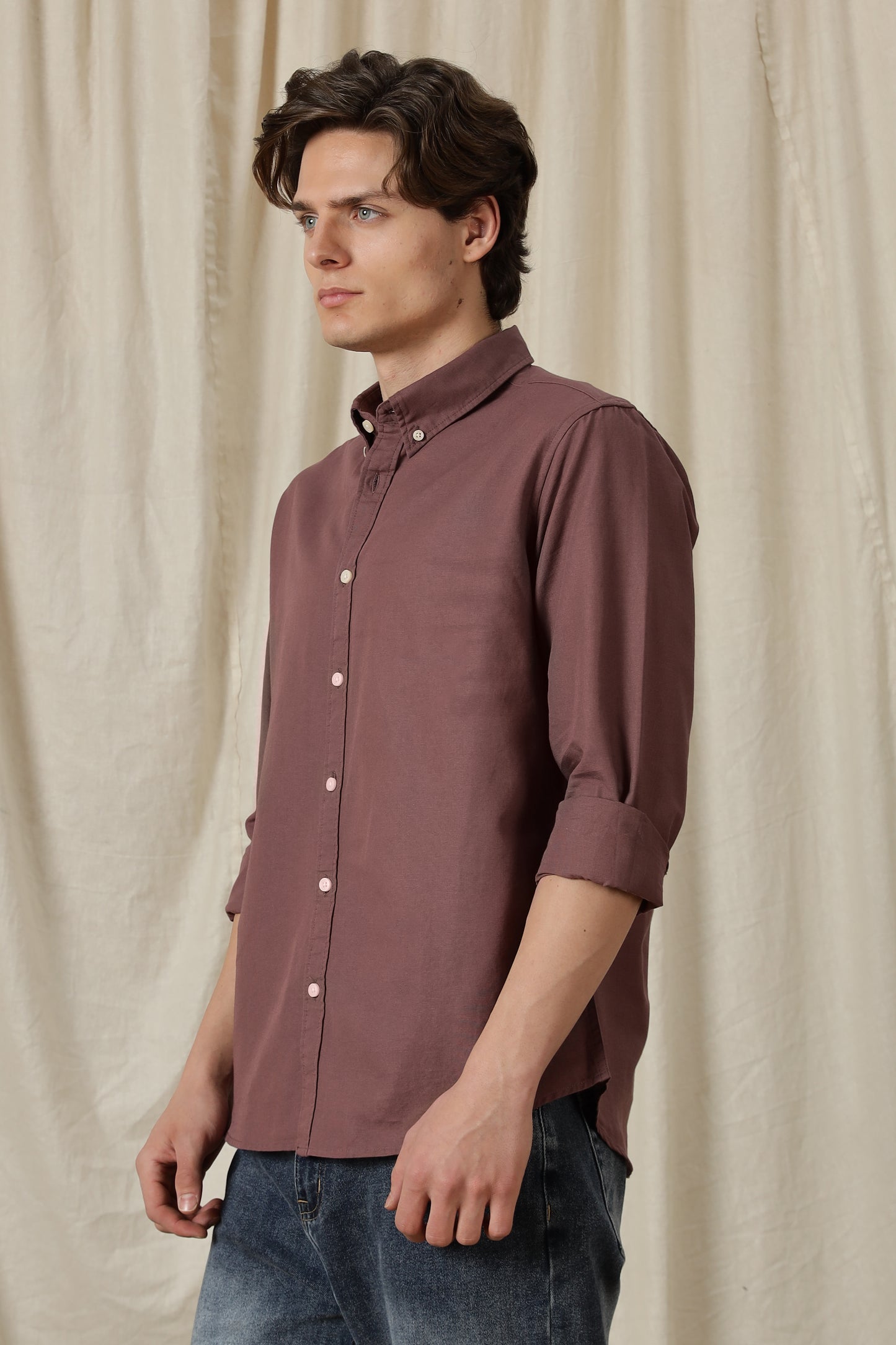 Classic Button-Down Solid Casual Shirt Lt Maroon