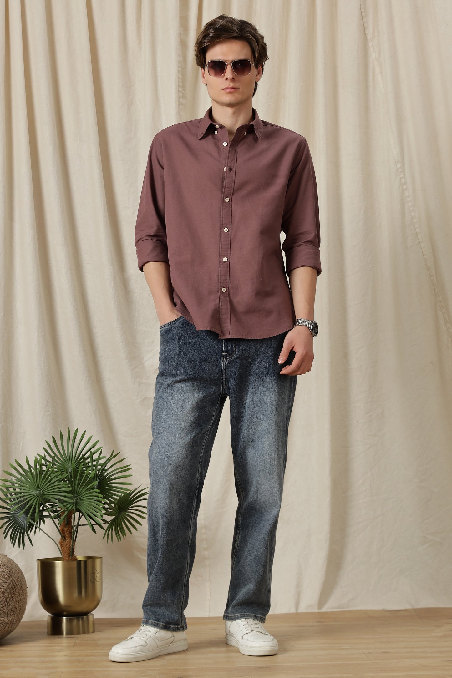 Classic Button-Down Solid Casual Shirt Lt Maroon