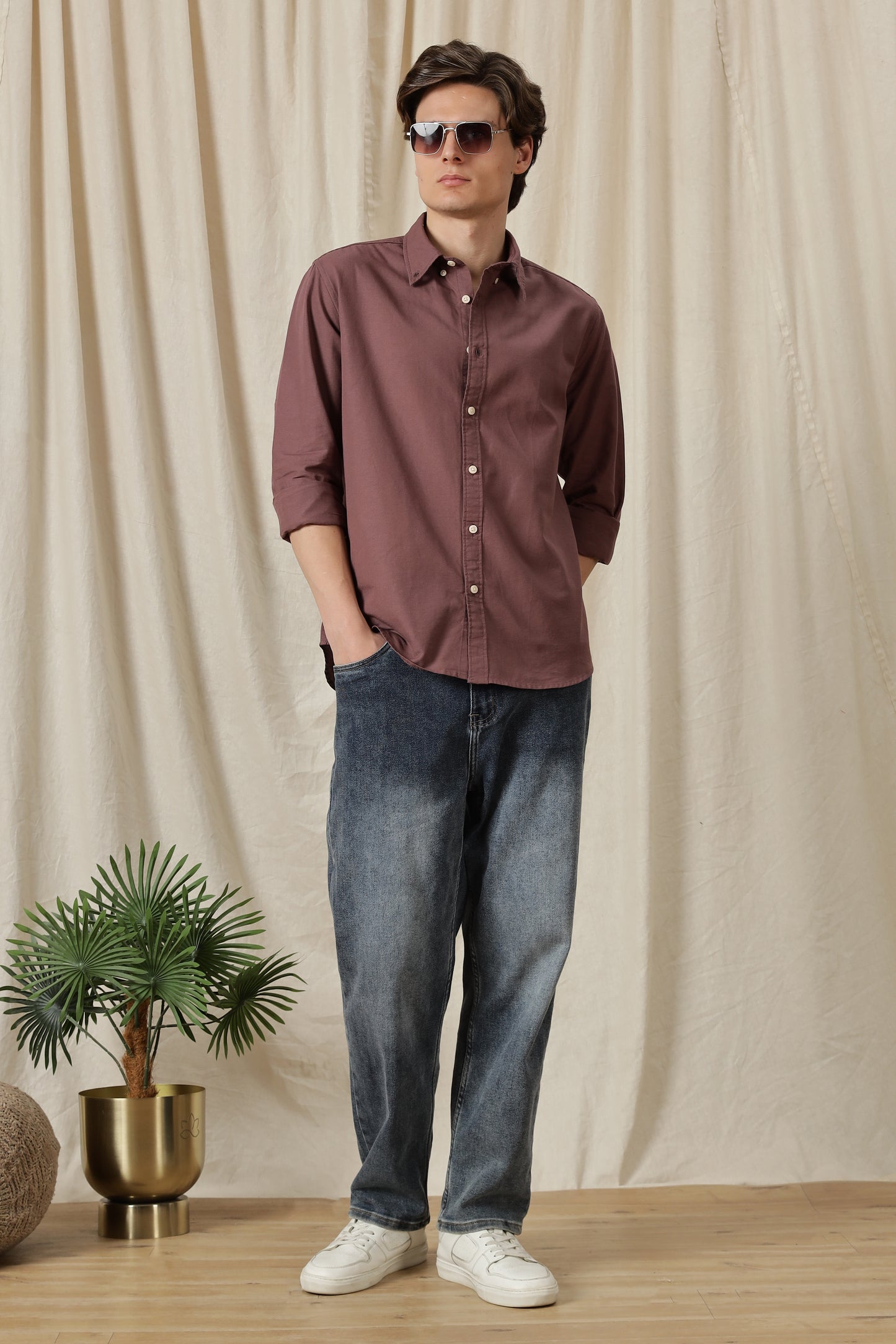 Classic Button-Down Solid Casual Shirt Lt Maroon
