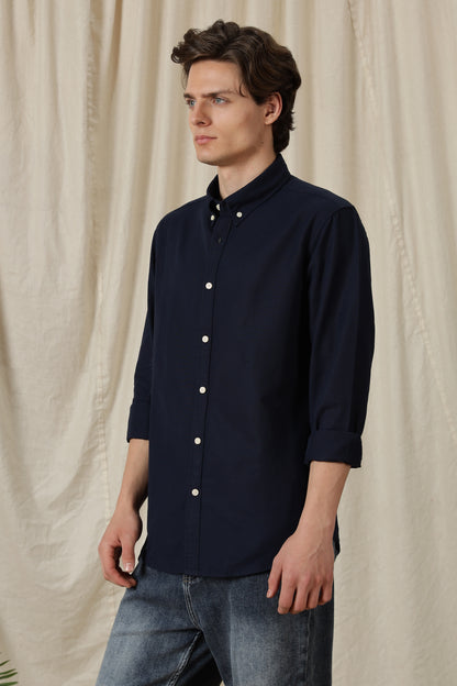 Classic Button-Down Solid Casual Shirt Navy