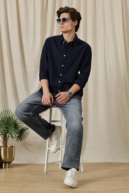 Classic Button-Down Solid Casual Shirt Navy