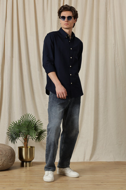 Classic Button-Down Solid Casual Shirt Navy