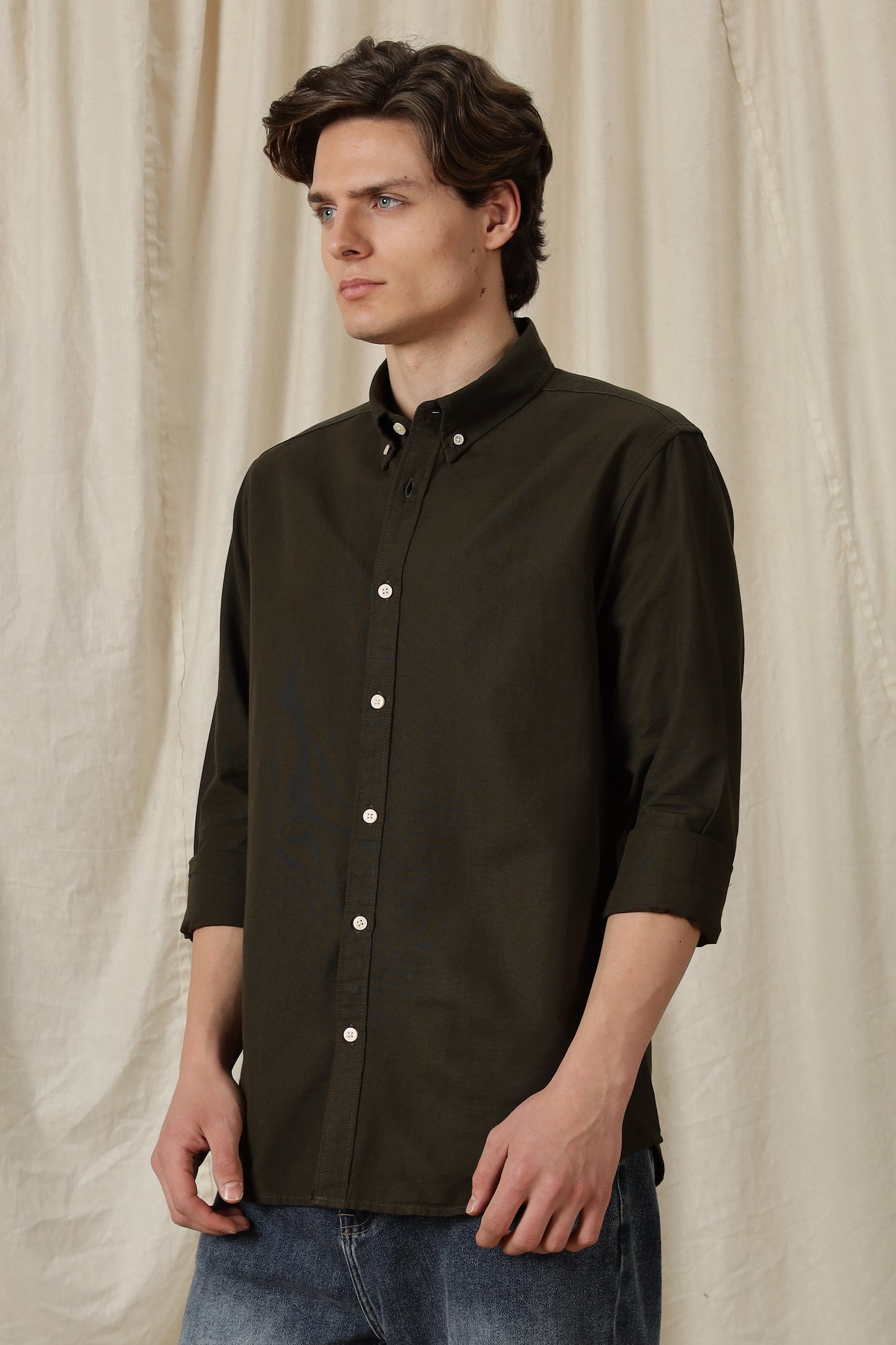 Classic Button-Down Solid Casual Shirt Olive