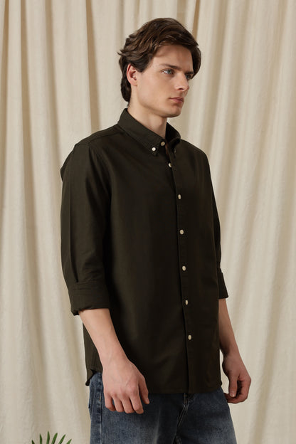 Classic Button-Down Solid Casual Shirt Olive