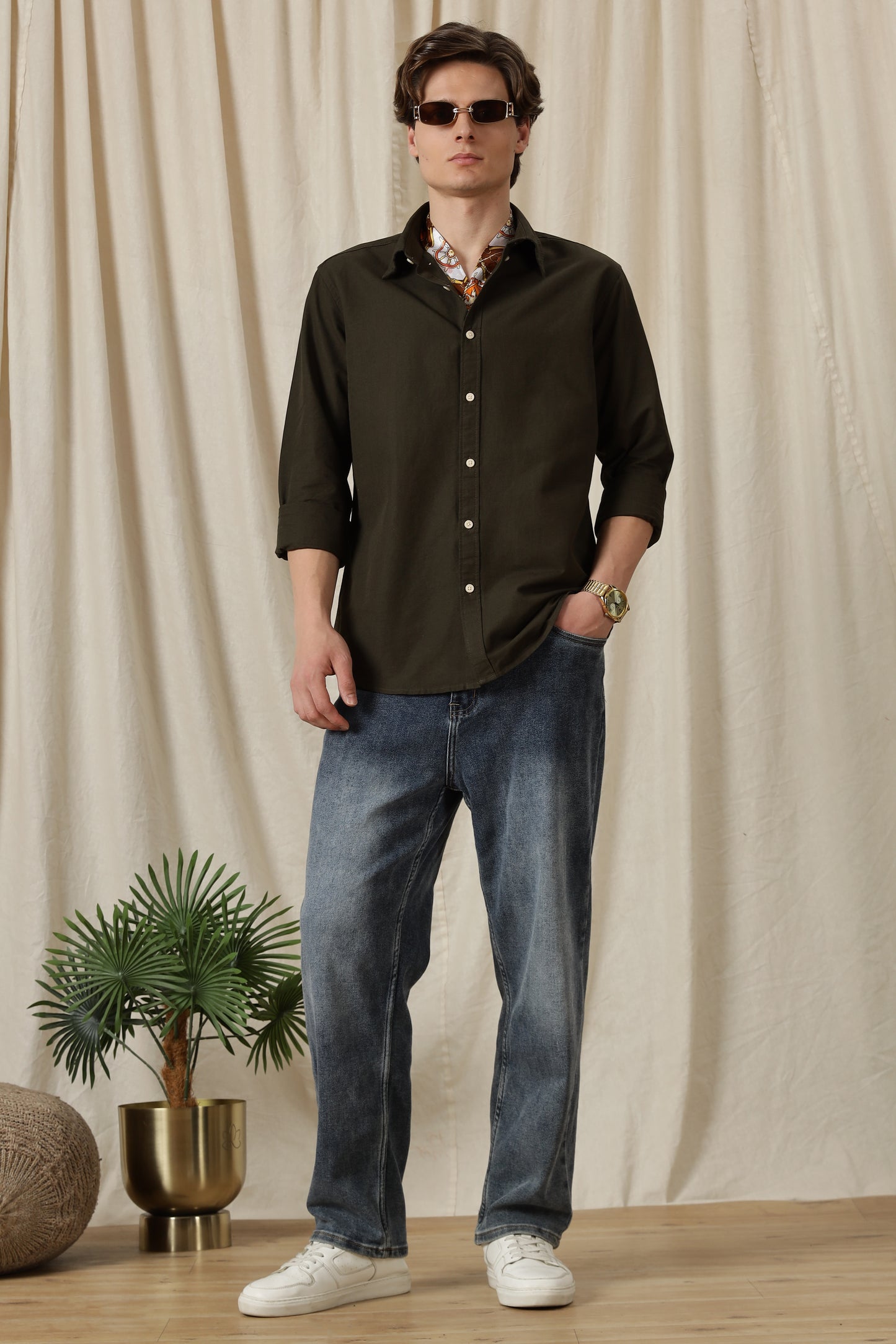 Classic Button-Down Solid Casual Shirt Olive