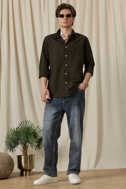 Classic Button-Down Solid Casual Shirt Olive