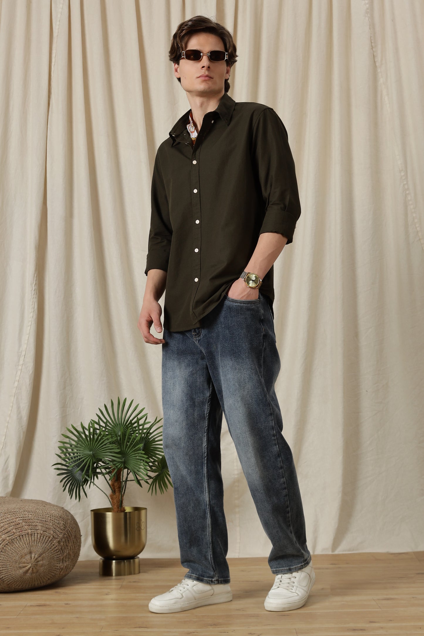 Classic Button-Down Solid Casual Shirt Olive