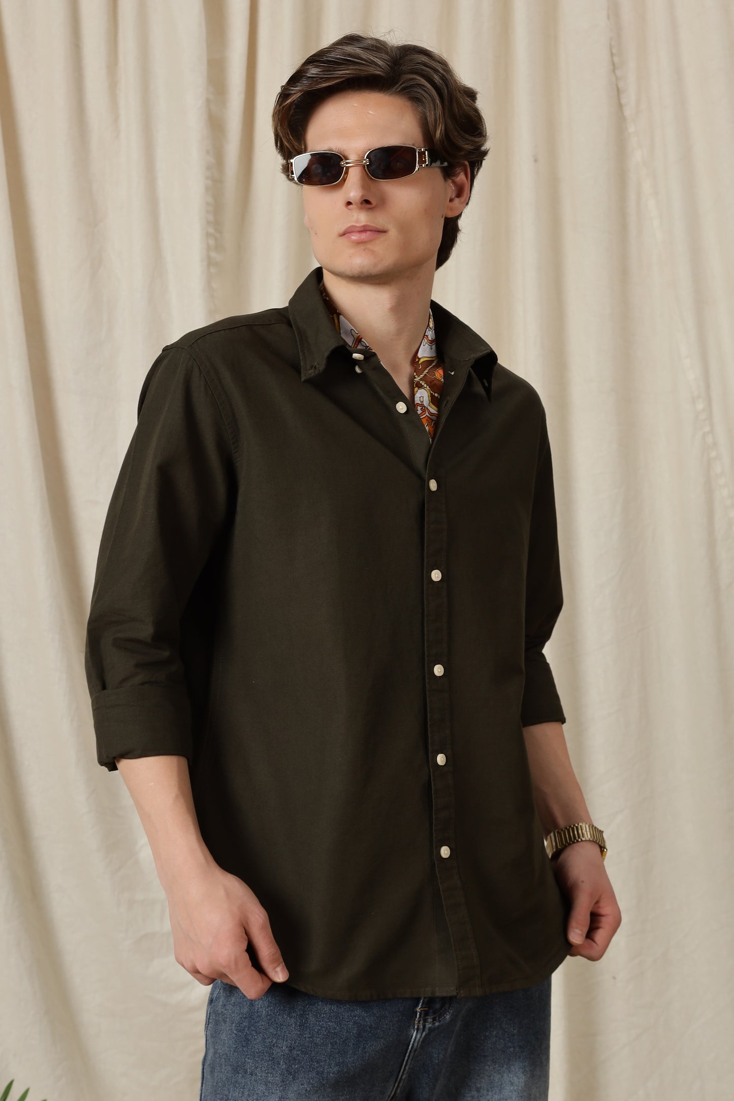 Classic Button-Down Solid Casual Shirt Olive