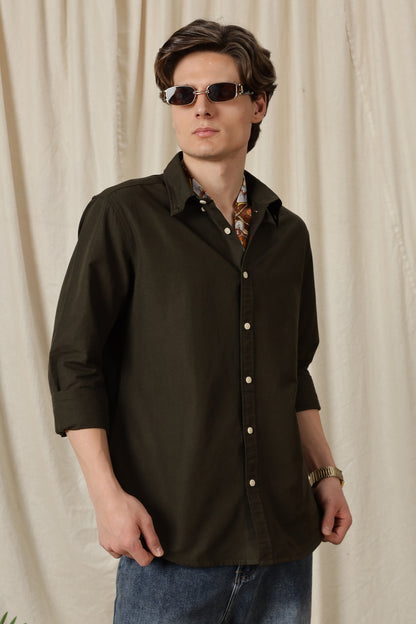 Classic Button-Down Solid Casual Shirt Olive