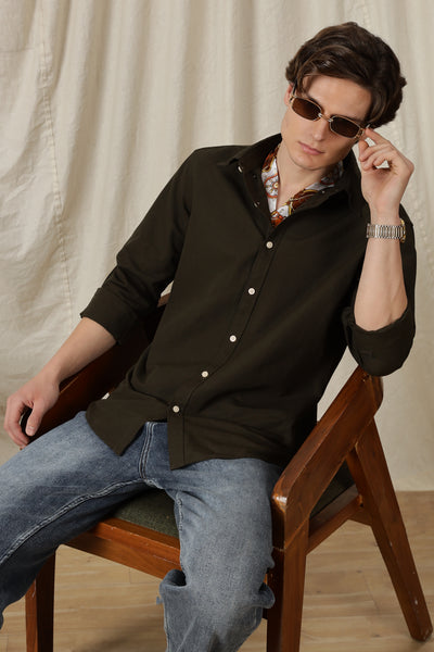 Classic Button-Down Solid Casual Shirt Olive