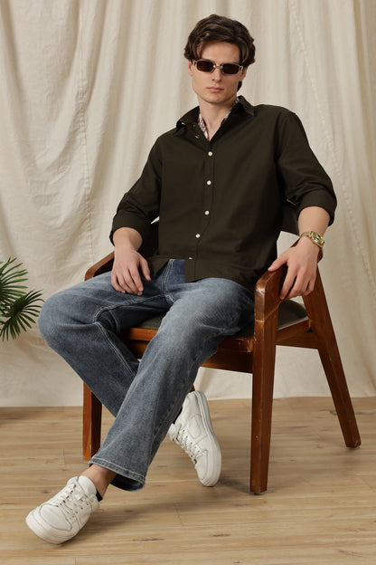 Classic Button-Down Solid Casual Shirt Olive