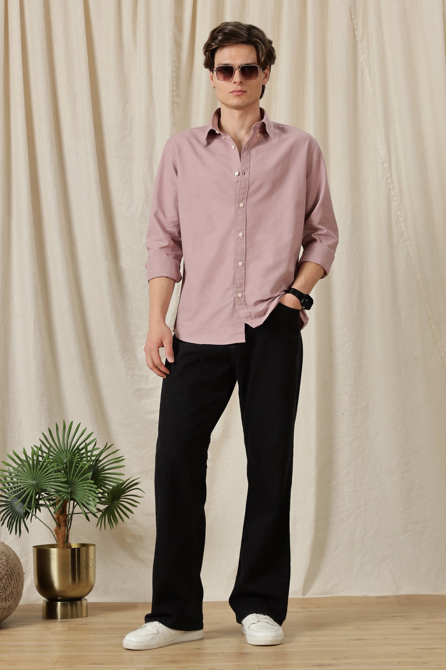 Classic Button-Down Solid Casual Shirt Pink