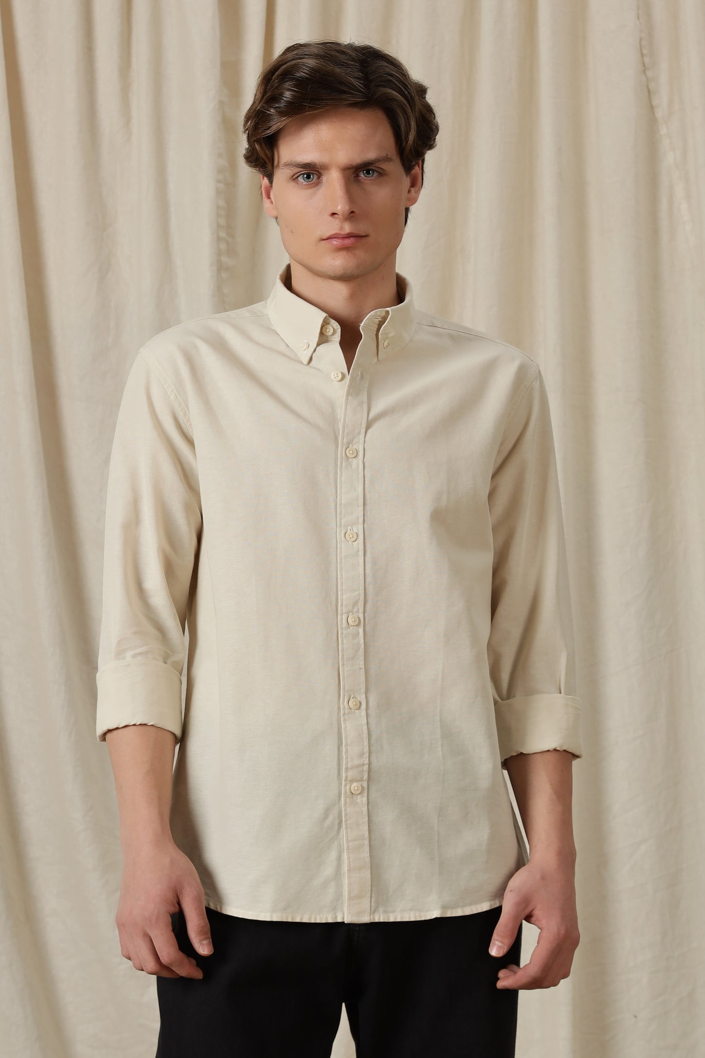Classic Button-Down Solid Casual Shirt Off White