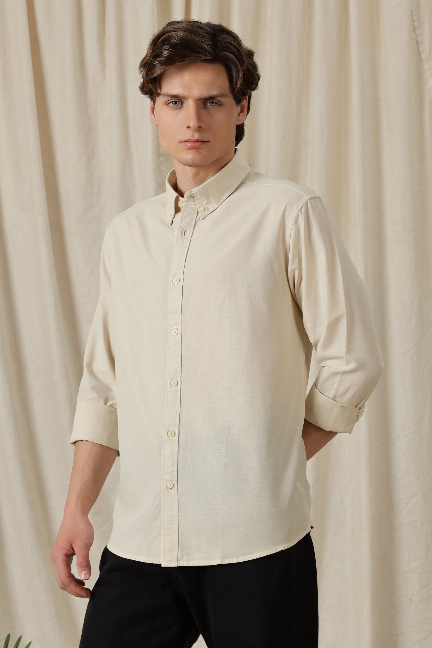 Classic Button-Down Solid Casual Shirt Off White