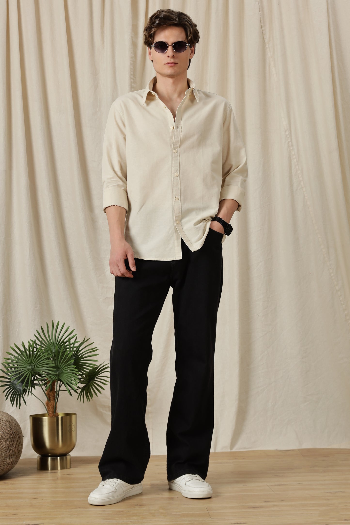 Classic Button-Down Solid Casual Shirt Off White