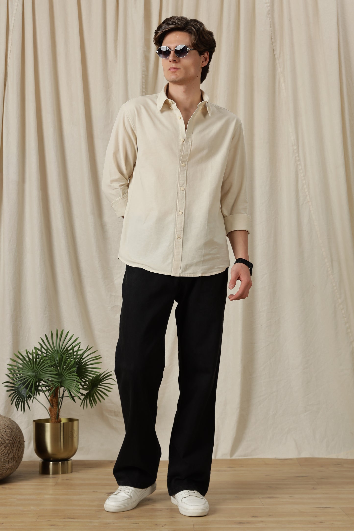 Classic Button-Down Solid Casual Shirt Off White