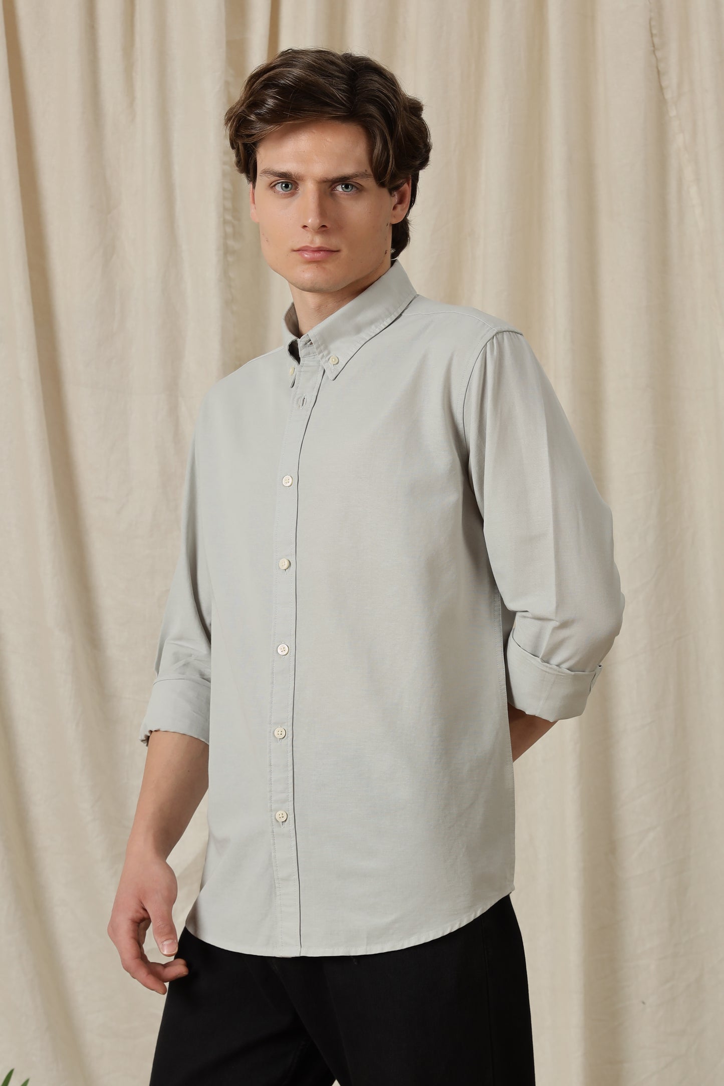 Classic Button-Down Solid Casual Shirt Lt Grey