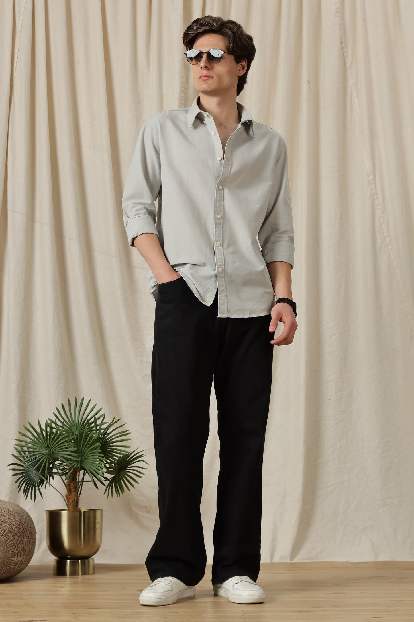 Classic Button-Down Solid Casual Shirt Lt Grey