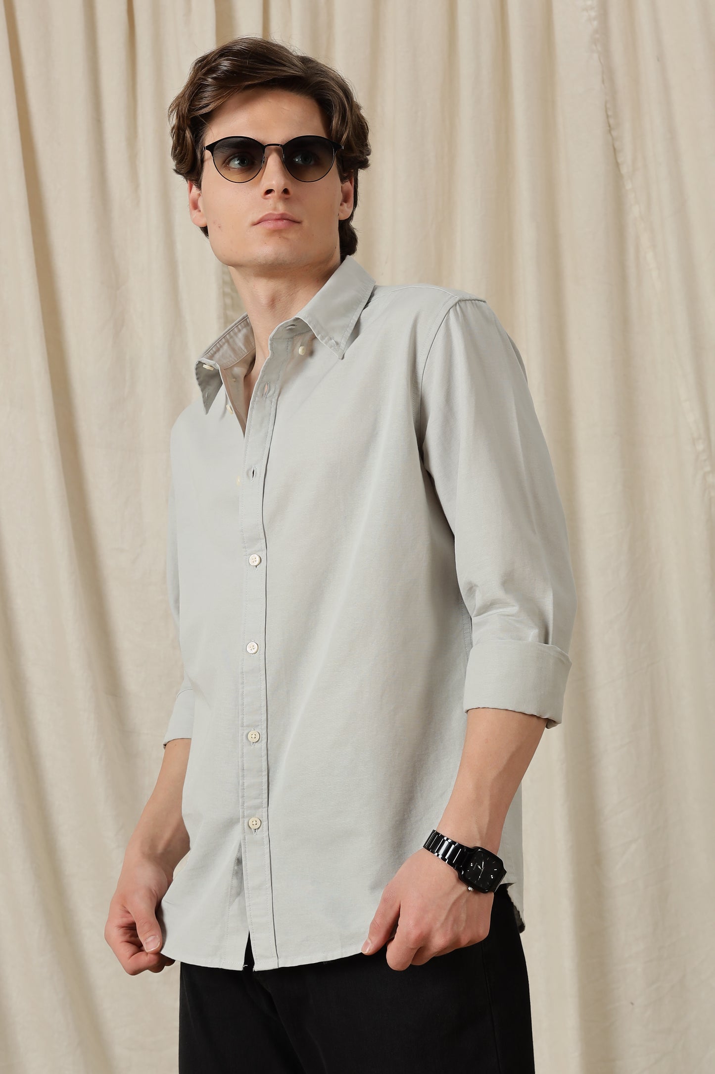 Classic Button-Down Solid Casual Shirt Lt Grey