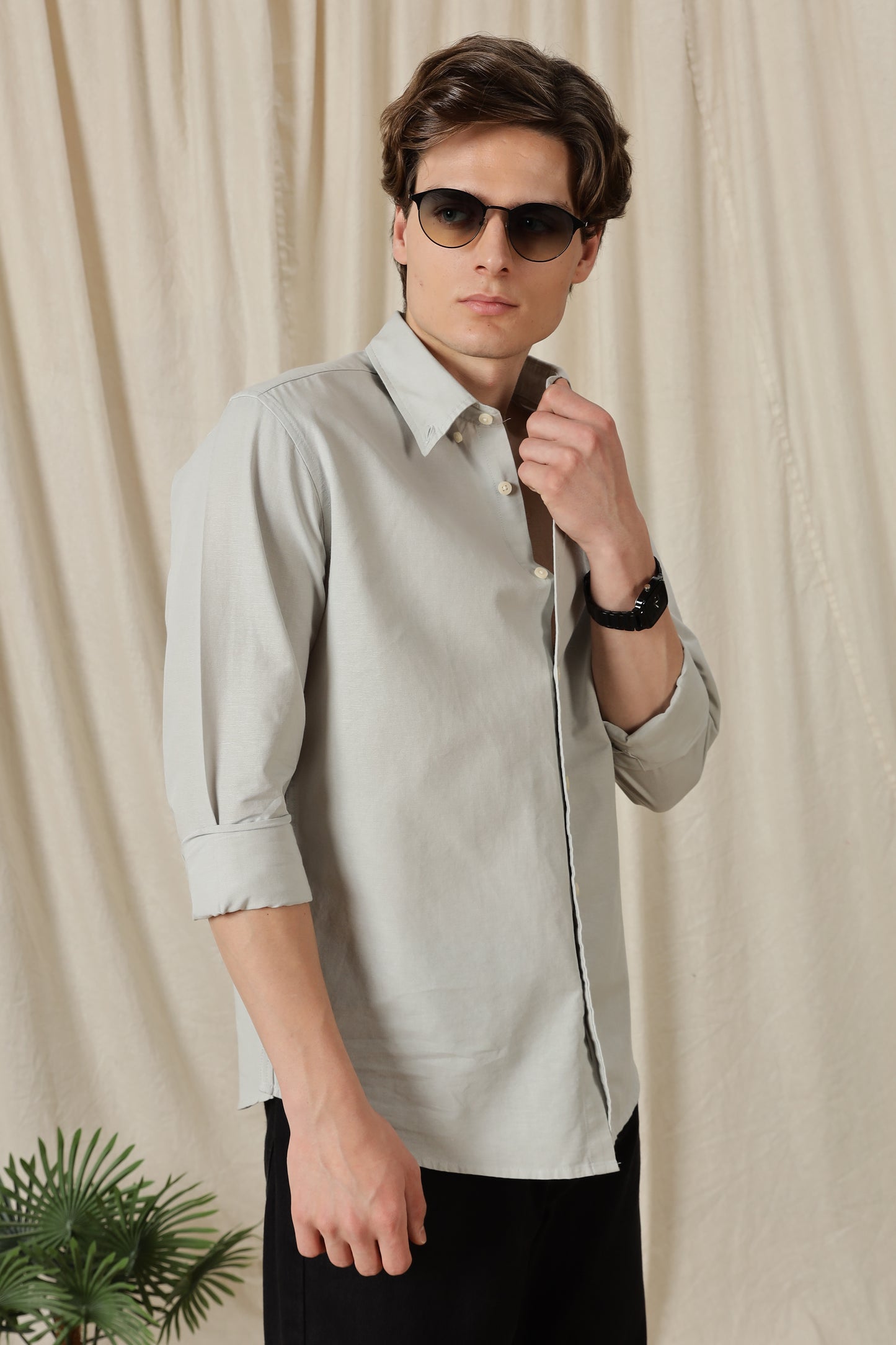 Classic Button-Down Solid Casual Shirt Lt Grey