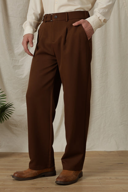 Loose Fit Trousers with Adjustable Waist Brown