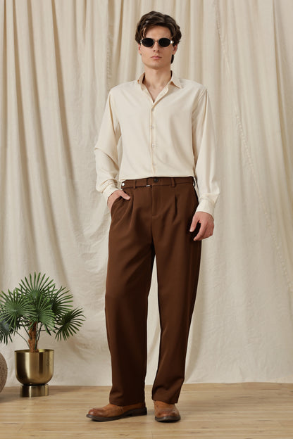 Loose Fit Trousers with Adjustable Waist Brown