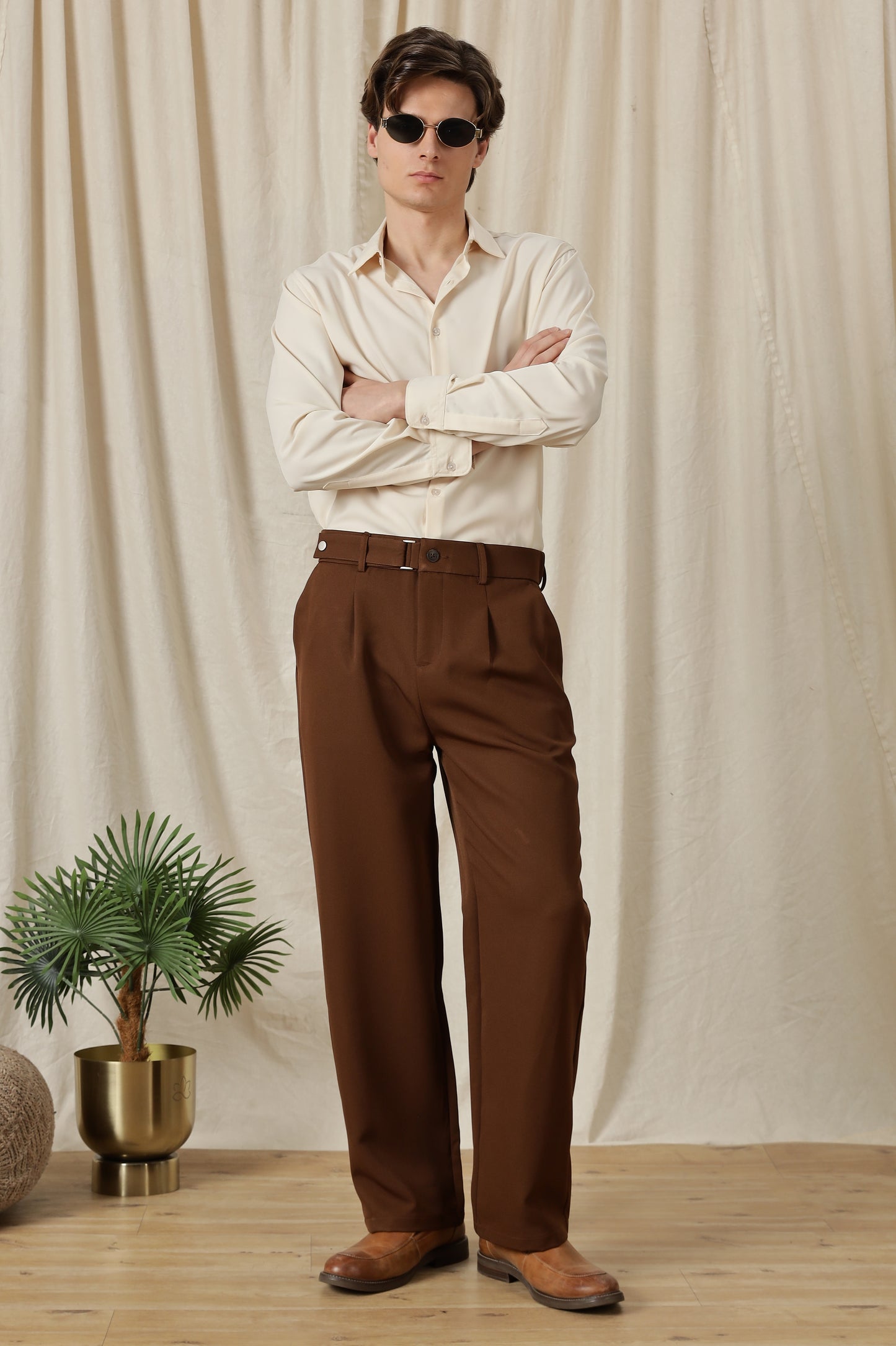 Loose Fit Trousers with Adjustable Waist Brown