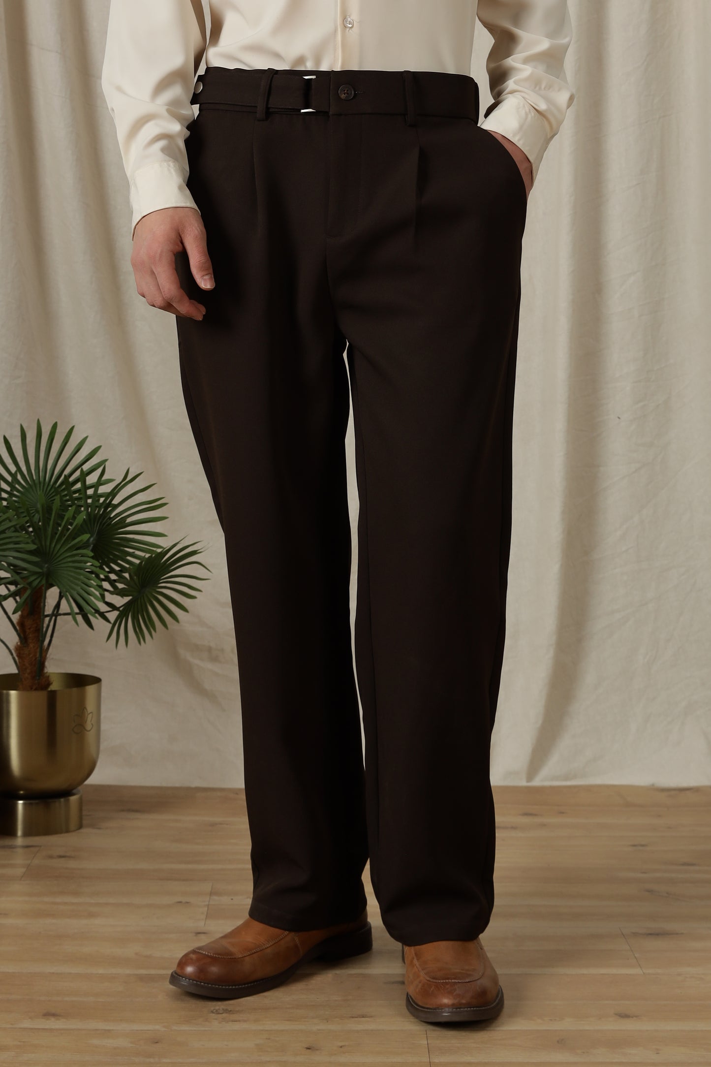 Loose Fit Trousers with Adjustable Waist Dk Brown