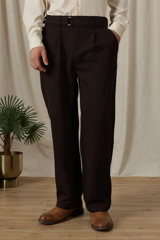 Loose Fit Trousers with Adjustable Waist Dk Brown