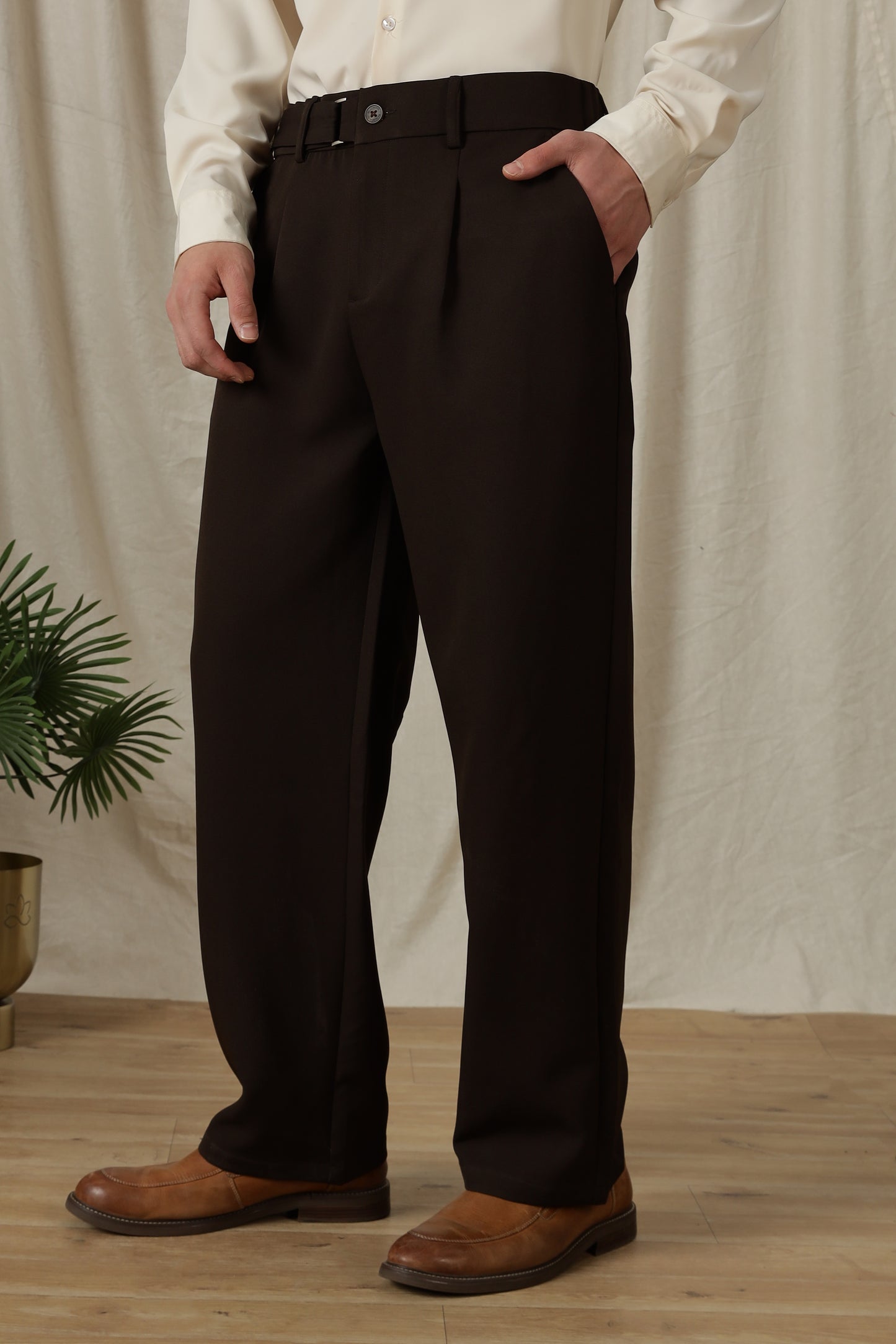 Loose Fit Trousers with Adjustable Waist Dk Brown