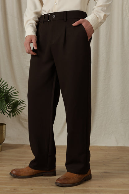 Loose Fit Trousers with Adjustable Waist Dk Brown