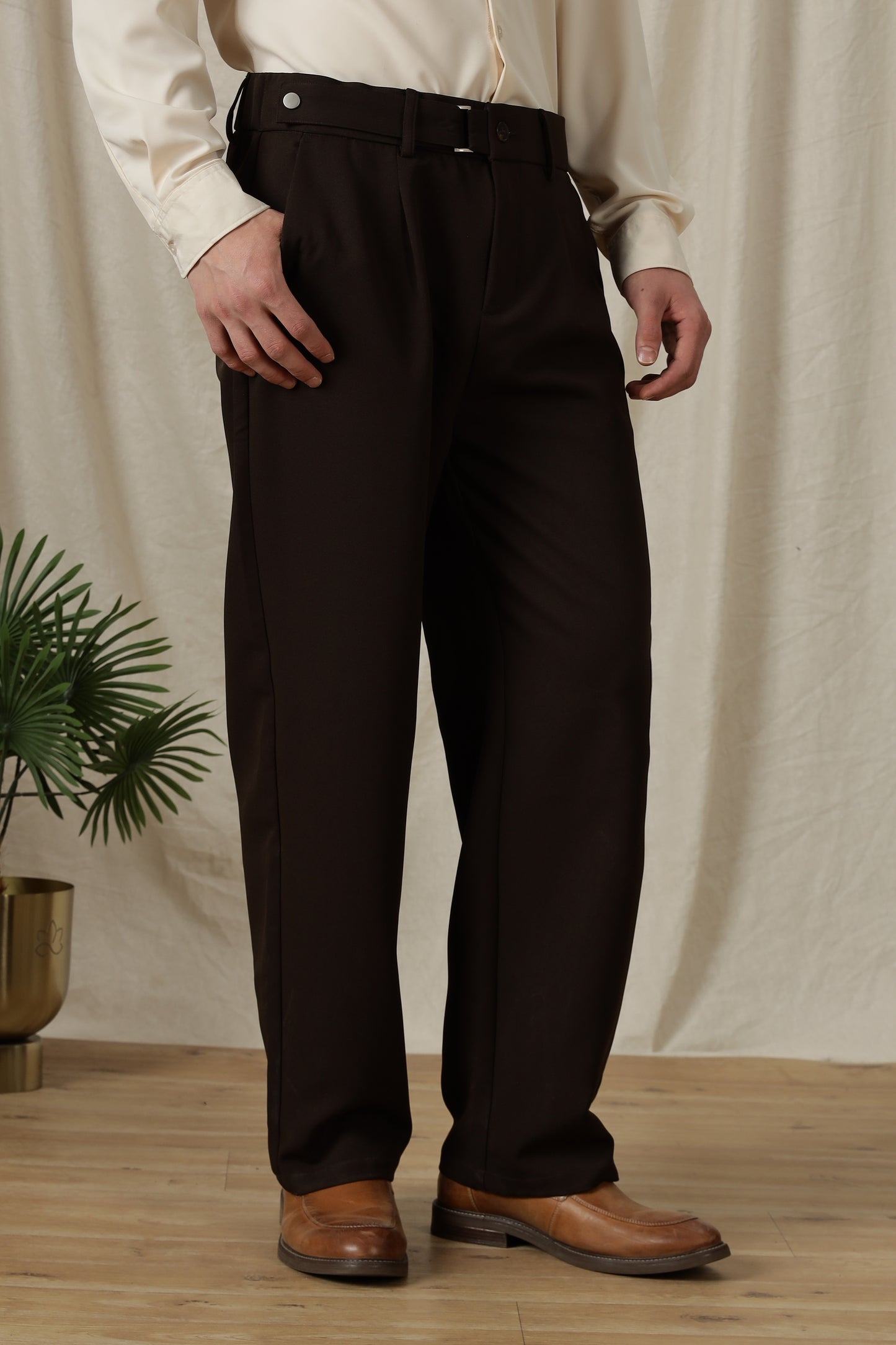 Loose Fit Trousers with Adjustable Waist Dk Brown