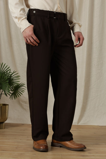 Loose Fit Trousers with Adjustable Waist Dk Brown