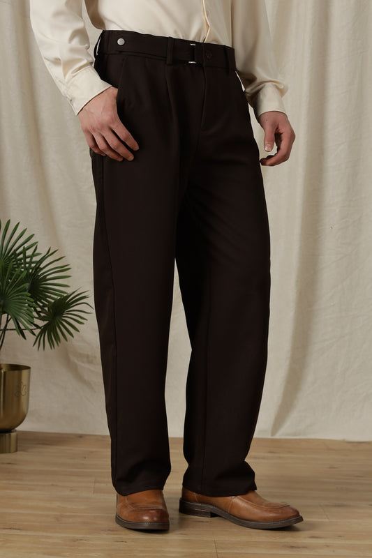 Loose Fit Trousers with Adjustable Waist Dk Brown