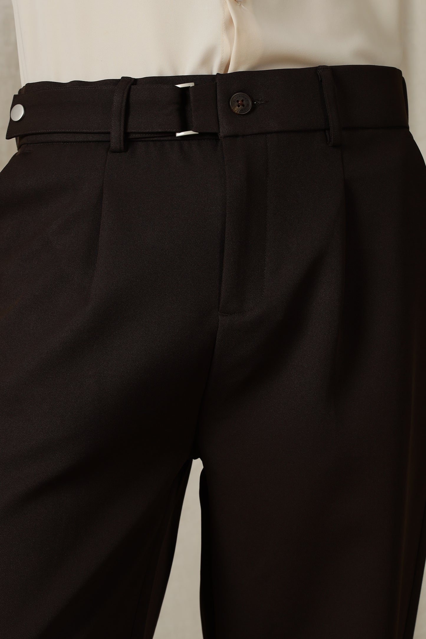 Loose Fit Trousers with Adjustable Waist Dk Brown