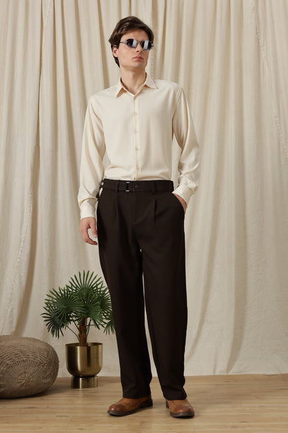 Loose Fit Trousers with Adjustable Waist Dk Brown