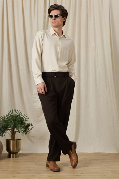 Loose Fit Trousers with Adjustable Waist Dk Brown