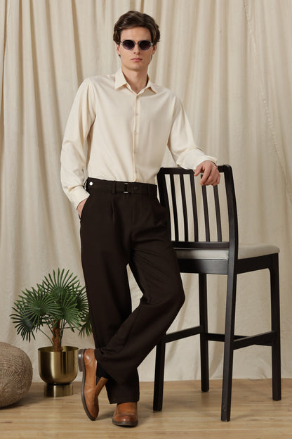 Loose Fit Trousers with Adjustable Waist Dk Brown