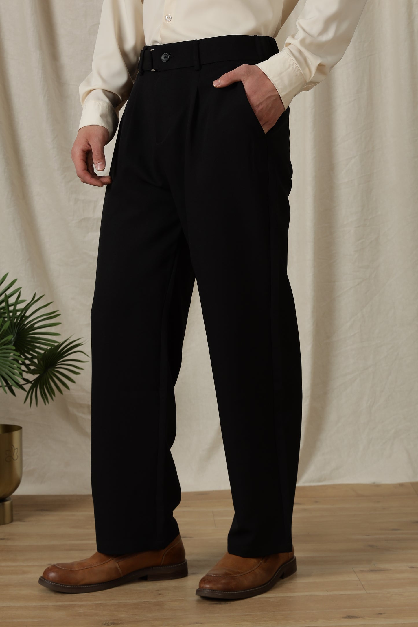 Loose Fit Trousers with Adjustable Waist Black