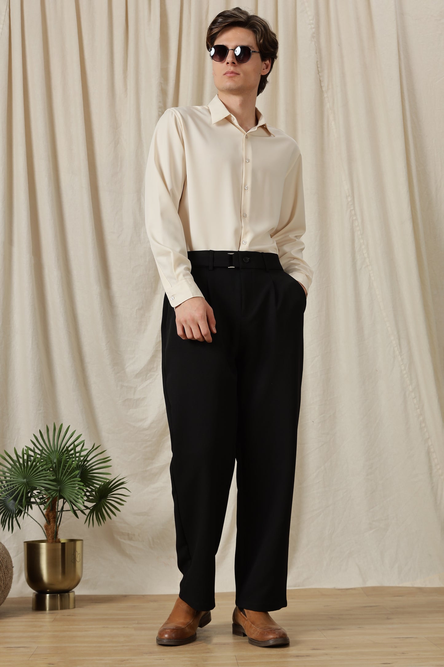 Loose Fit Trousers with Adjustable Waist Black