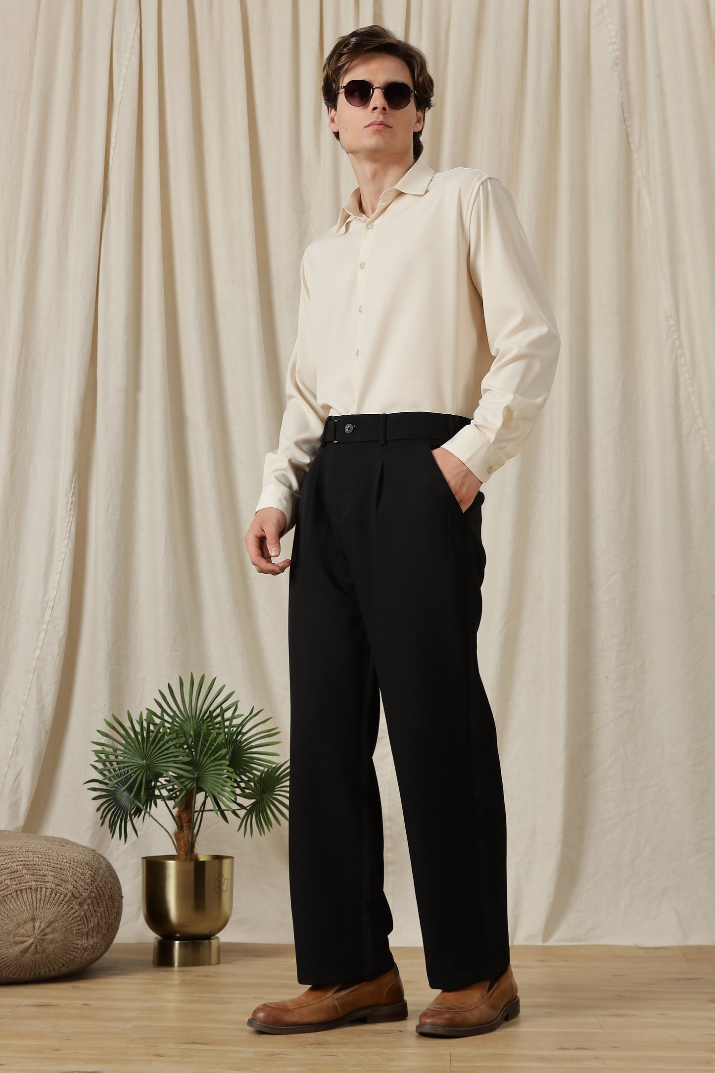 Loose Fit Trousers with Adjustable Waist Black