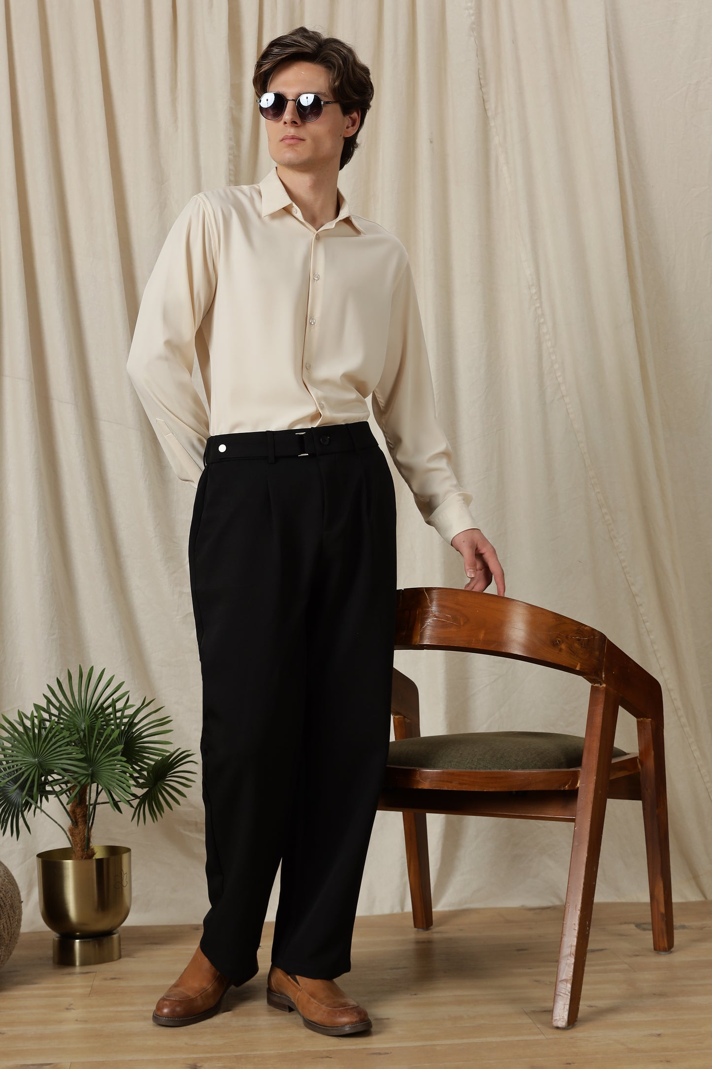 Loose Fit Trousers with Adjustable Waist Black
