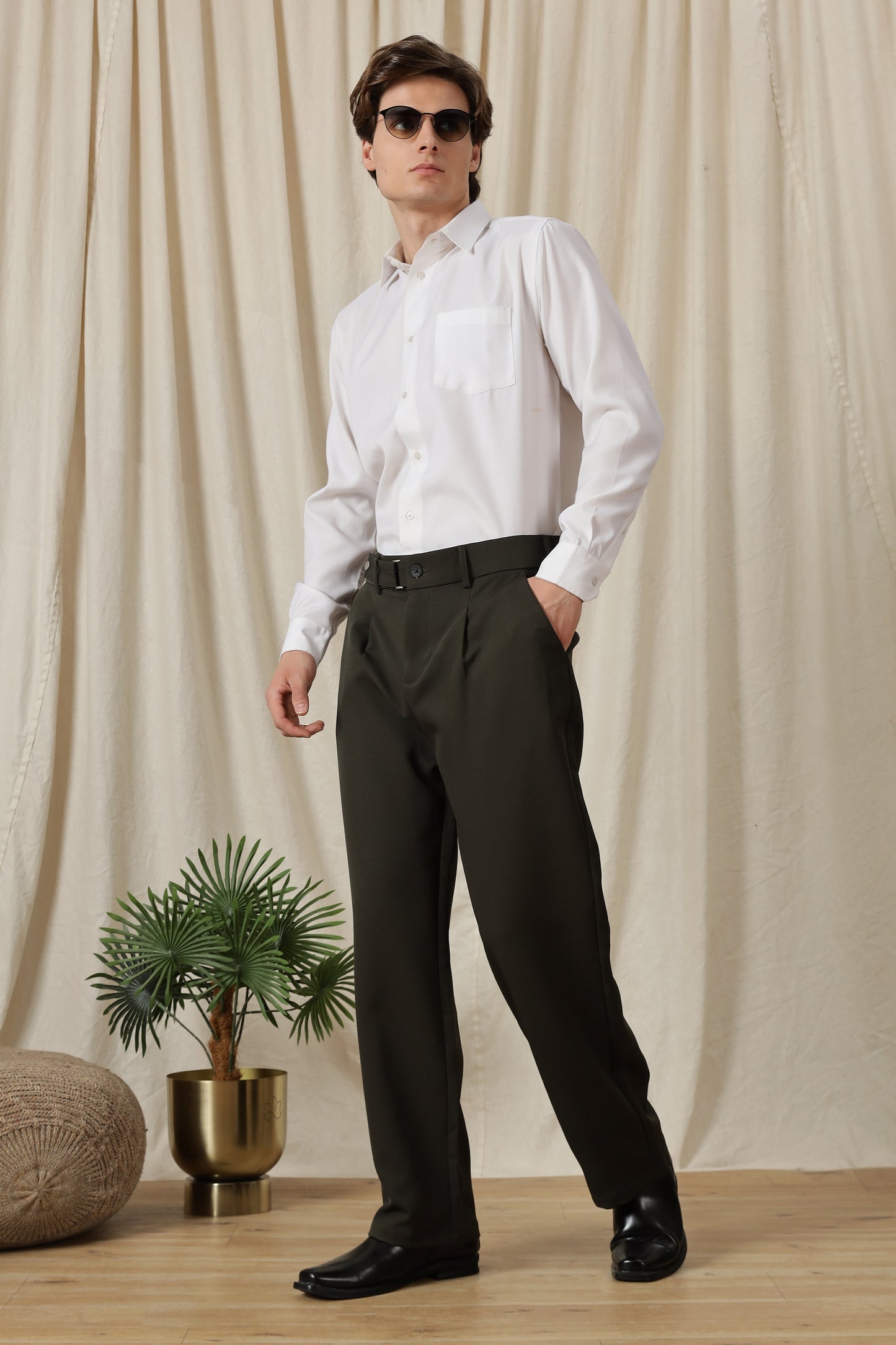 Loose Fit Trousers with Adjustable Waist Green