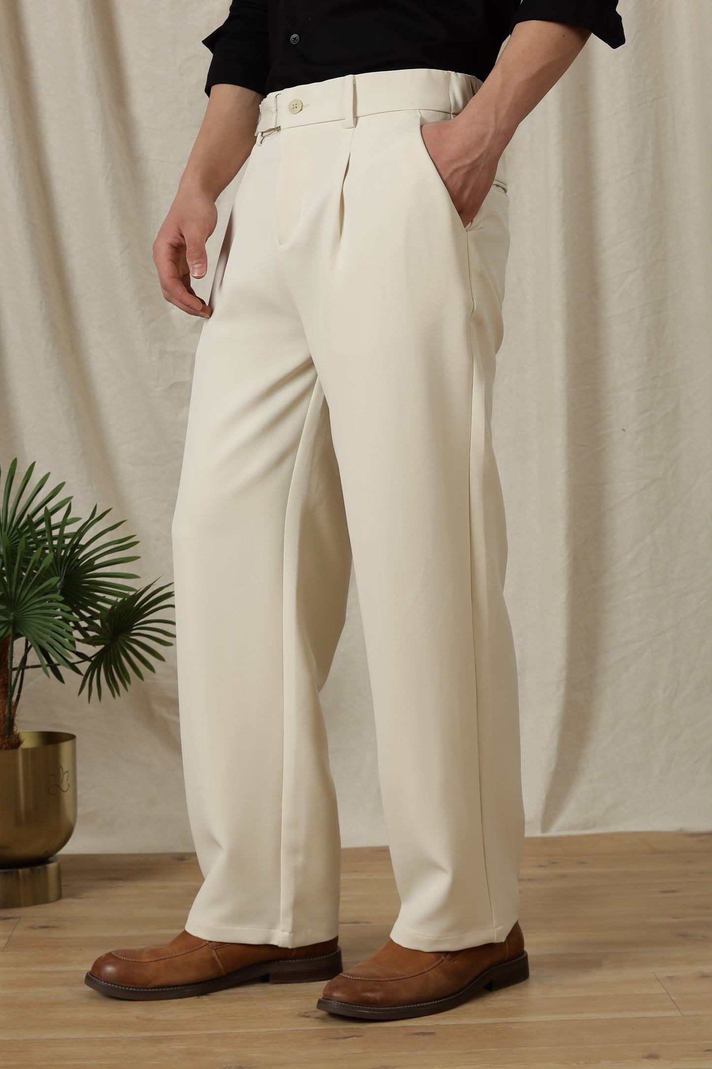 Loose Fit Trousers with Adjustable Waist Off White