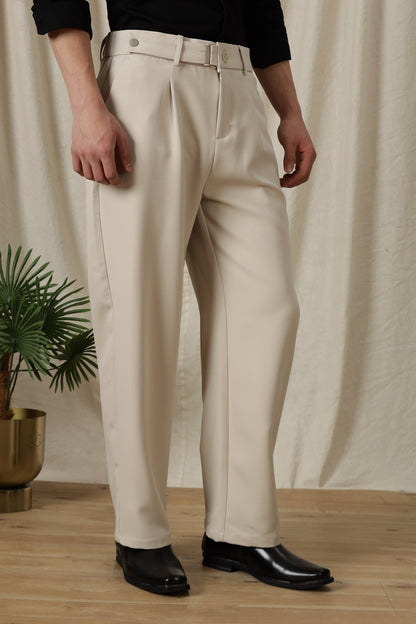 Loose Fit Trousers with Adjustable Waist Cream