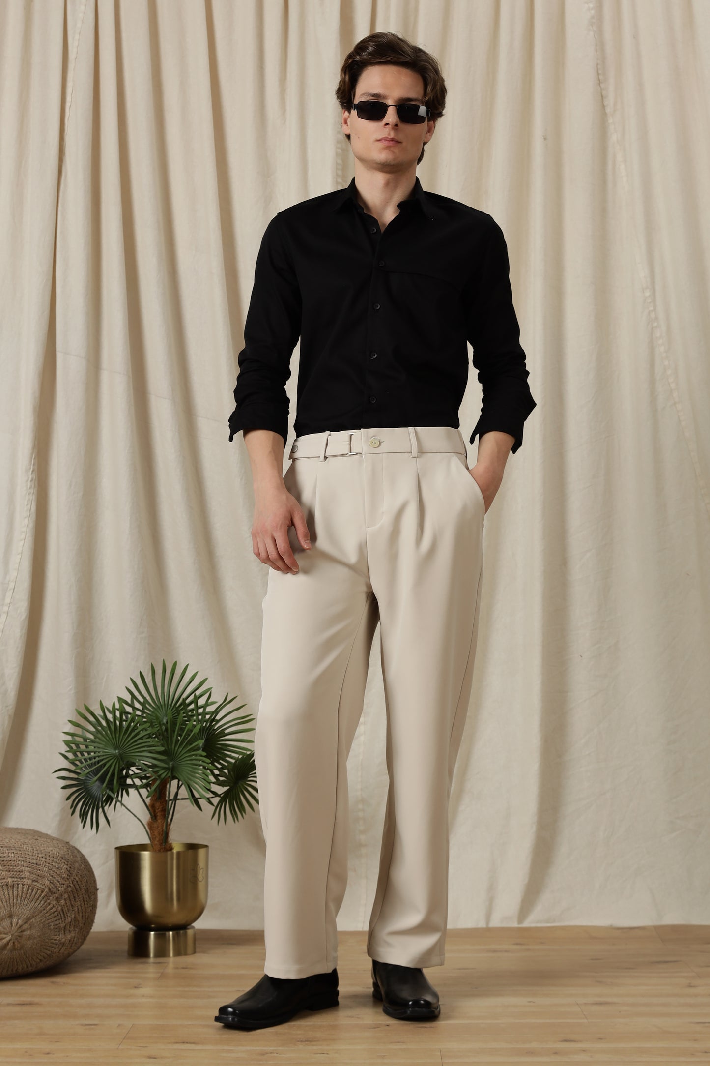 Loose Fit Trousers with Adjustable Waist Cream