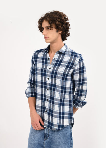Textured Dobby Check Shirt Blue