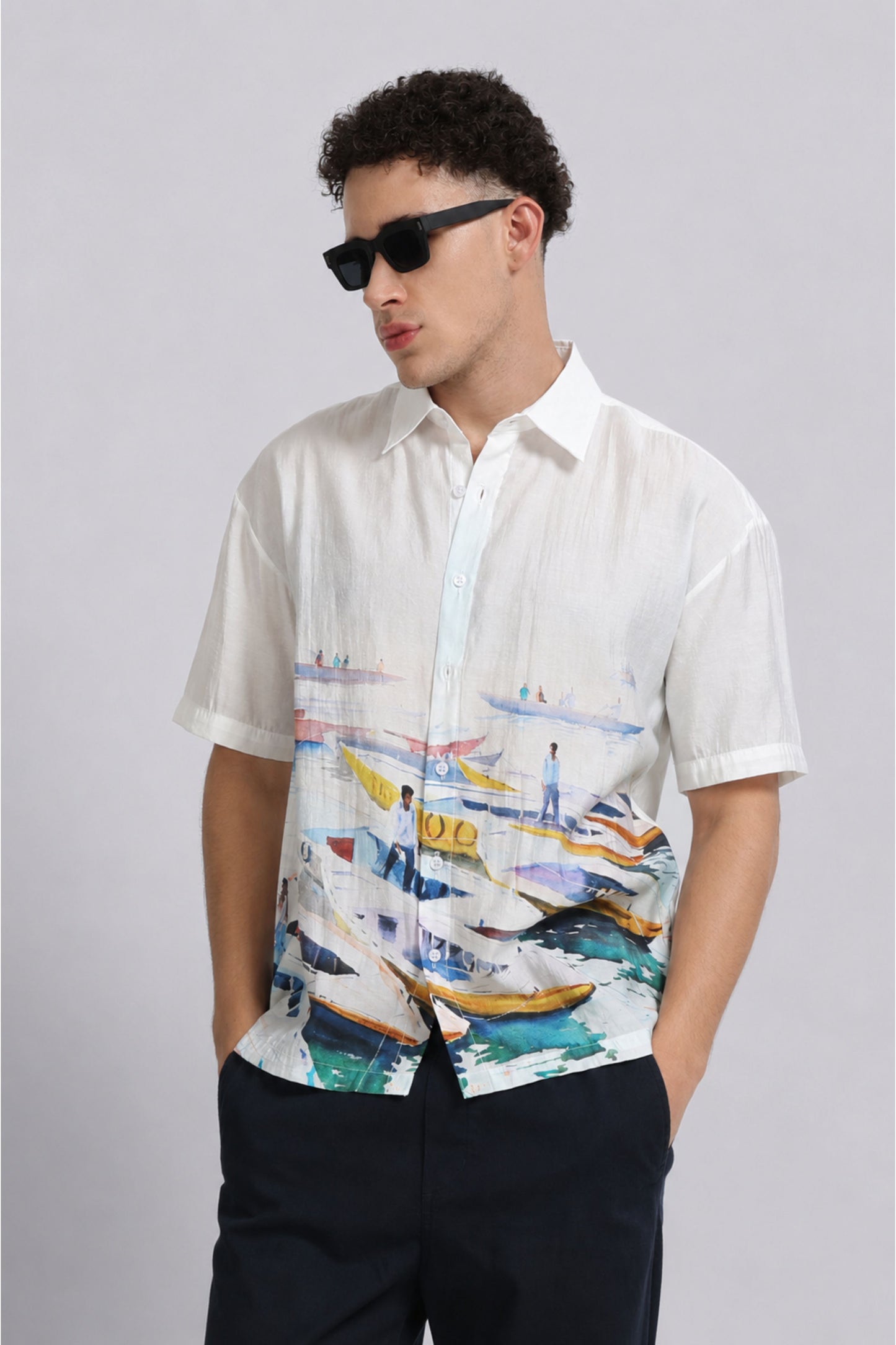 "Gearing Up For The Day" Oversized Print Shirt